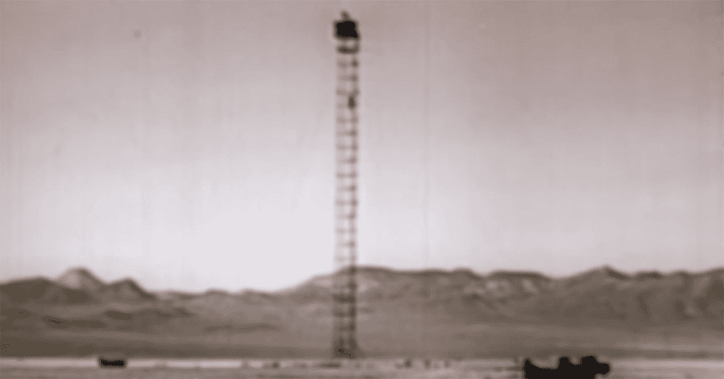 One of many of the detonation towers used during the nuclear testing. (Source: Smithsonian Channel / Screenshot)