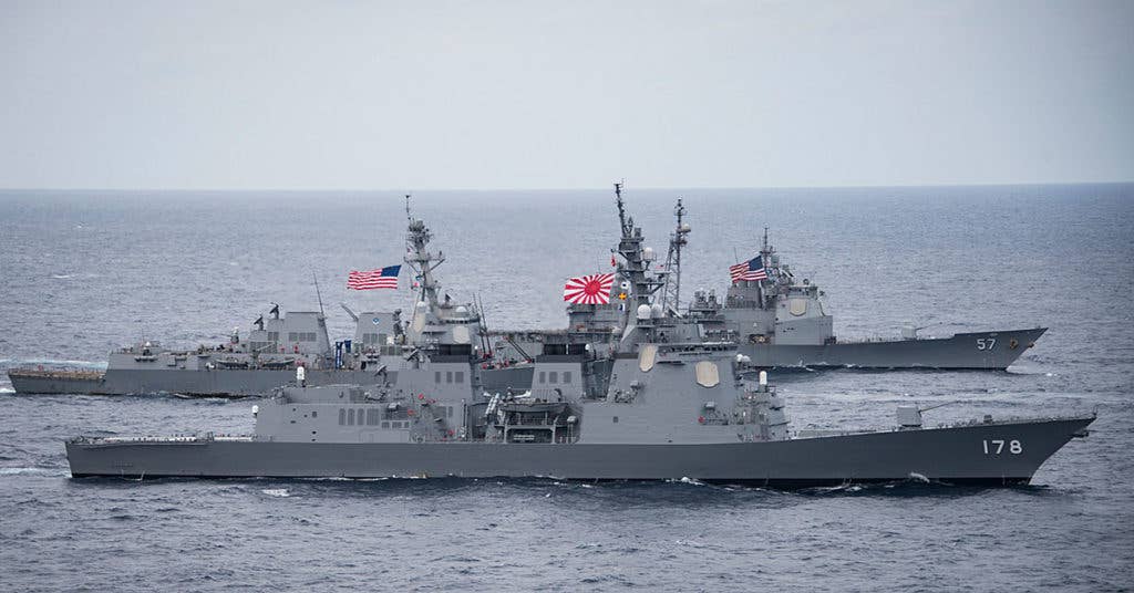 The Japan Maritime Self-Defense Force destroyer JS Ashigara (DDG 178), foreground, the Arleigh Burke-class guided-missile destroyer USS Wayne E. Meyer (DDG 108) and the Ticonderoga-class guided-missile cruiser USS Lake Champlain (CG 57) transit the Philippine Sea. (U.S. Navy photo by Mass Communication Specialist 2nd Class Z.A. Landers/Released)