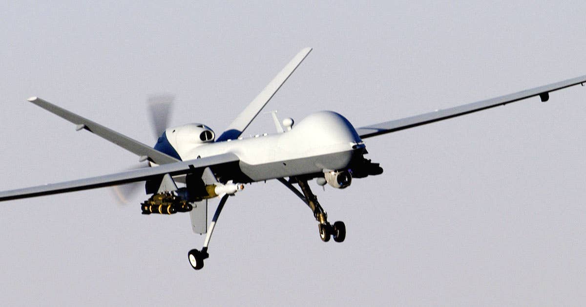 A MQ-9 Reaper unmanned aerial vehicle prepares to land after a mission. (Photo from Wikimedia Commons)