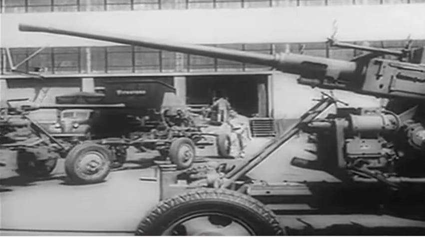 Bofors 40mm anti-aircraft guns. (Screenshot from Fiat Chrysler video)