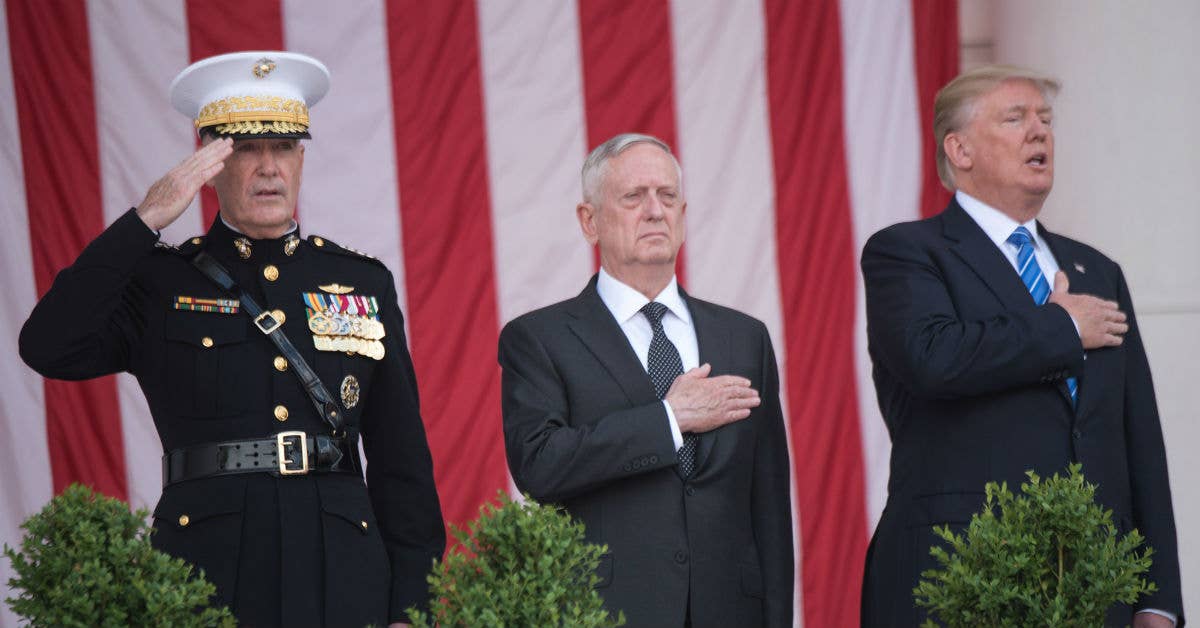 President Donald J. Trump, right, Defense Secretary Jim Mattis and Marine Corps Gen. Joe Dunford, chairman of the Joint Chiefs of Staff. DoD Photo by Army Sgt. James K. McCann
