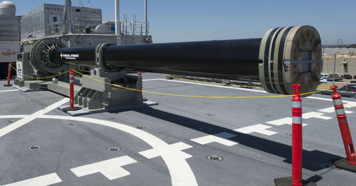 One of the two electromagnetic rail gun prototypes on display aboard the joint high speed vessel USS Millinocket. Navy photo by Mass Communication Specialist 2nd Class Kristopher Kirsop.