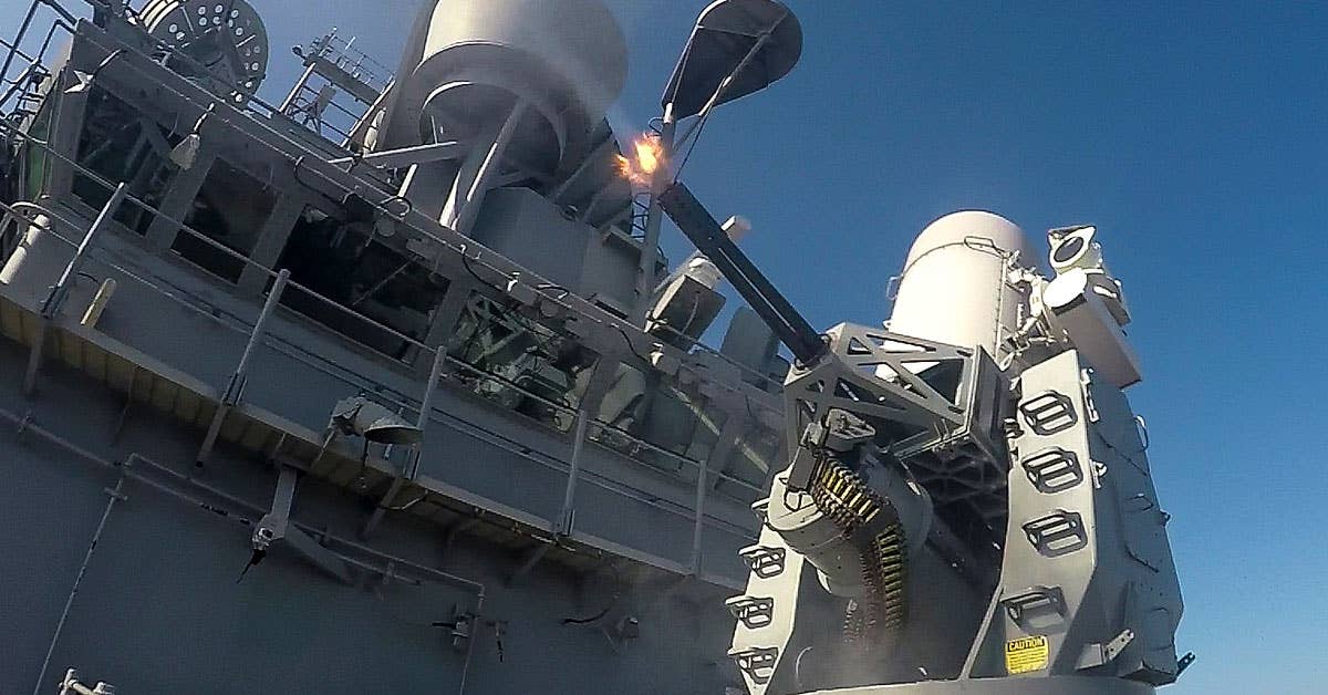 An MK15 Phalanx close-in weapons system (CWIS) fires during a live-fire exercise aboard the amphibious assault ship USS WASP (LHD 1). (U.S. Navy photo by Mass Communication Specialist 3rd Class Michael Molina/Released)