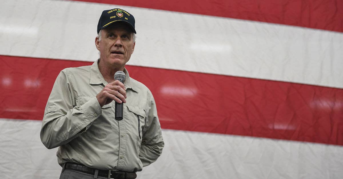 Secretary of the Navy Richard V. Spencer speaks during an all-hands call at Naval Station Mayport. Navy photo by Mass Communication Specialist 2nd Class Timothy Schumaker.