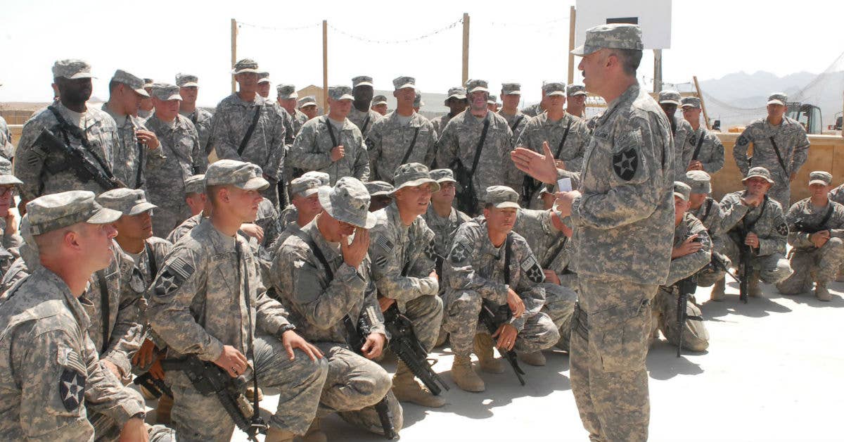 Lt. Col. Patrick Gaydon, battalion commander of 5/2 Brigade Special Troops Battalion, thanks the Soldiers from 562nd Engineer Company for their hard work and dedication during their time in southern Afghanistan. Photo by Spc. David Hauk.
