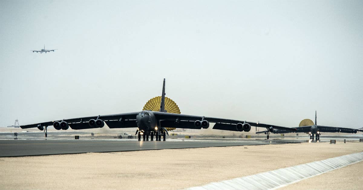 B-52 Stratofortress aircraft arrive at Al Udeid Air Base. (USAF photo by Tech. Sgt. Nathan Lipscomb)