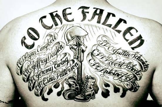 Tattoo on Sean Gilfillan's back, a tribute to the soldiers he served with who were killed in Iraq. (Photo: Sean Gilfillan)