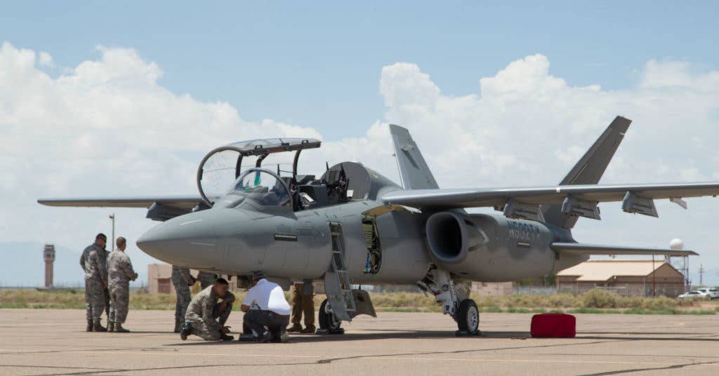 A Textron Scorpion experimental aircraft sits at Holloman AFB. (U.S. Air Force photo by Christopher Okula)