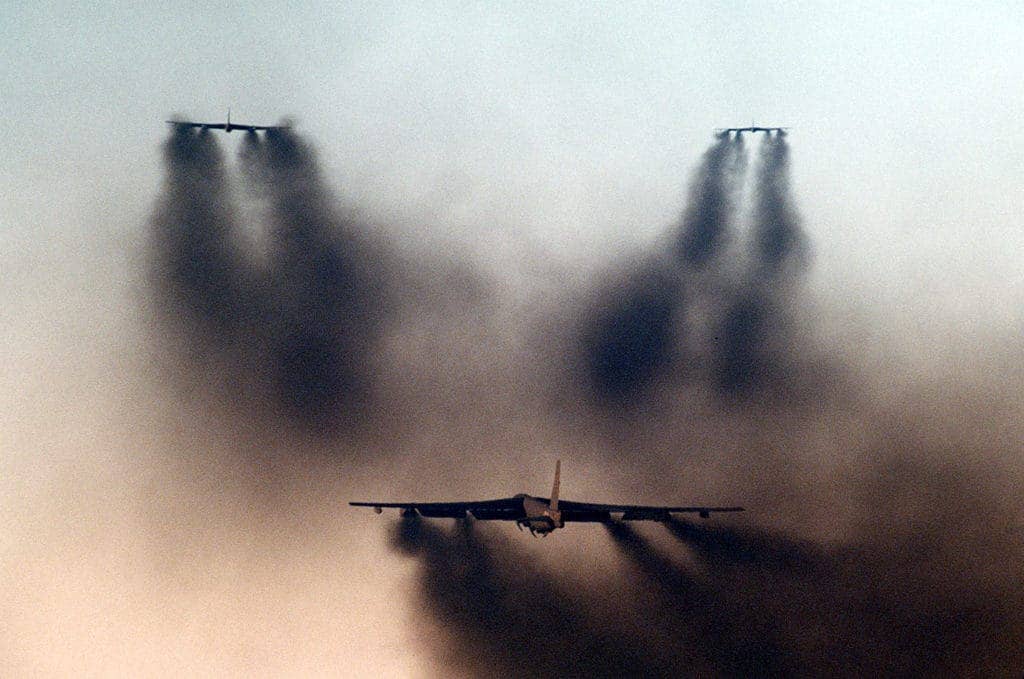 Three U.S. Air Force Boeing B-52G Stratofortress aircraft from the 2nd Bombardement Wing take off from Barksdale Air Force Base, Louisiana. (USAF photo)