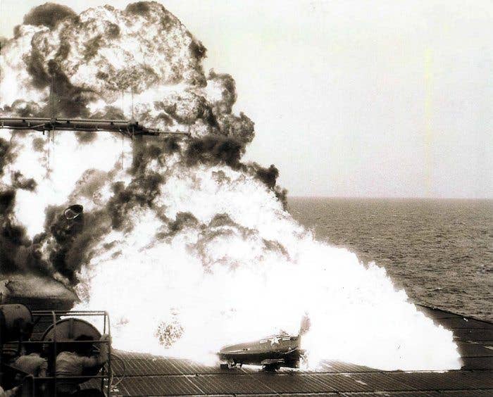 If you've seen Midway or The Hunt for Red October, you've seen this crash that Navy test pilot George Duncan survived. (U.S. Navy photo)
