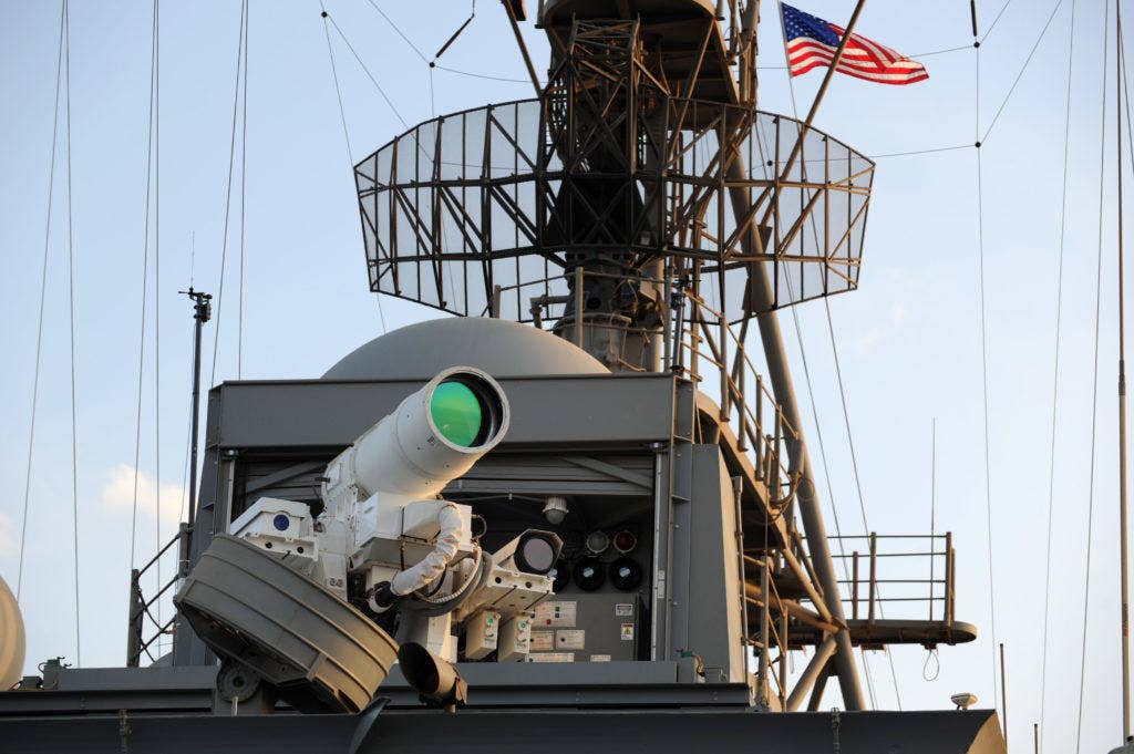 The Laser Weapon System (LaWS) aboard USS Ponce. (U.S. Navy photo)