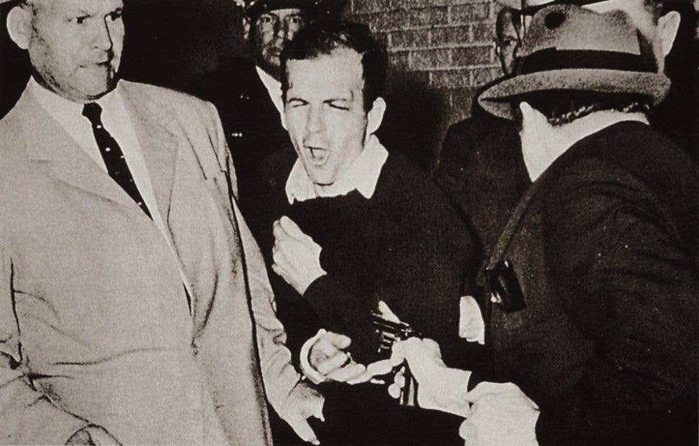 Jack Ruby shoots Lee Harvey Oswald in Dallas on November 24, 1963.