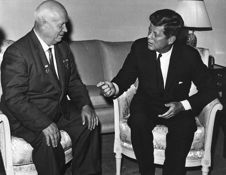 President Kennedy meets with Chairman Khrushchev at the U. S. Embassy residence, Vienna. U. S. Dept. of State photograph in the John Fitzgerald Kennedy Library, Boston. 03 June 1961