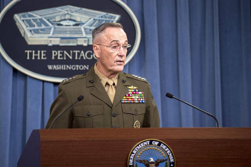 Marine Corps Gen. Joe Dunford, chairman of the Joint Chiefs of Staff, speaks with reporters about recent military operations in Niger Oct. 23, 2017, at the Pentagon. (DoD photo by Air Force Tech. Sgt. Brigitte N. Brantley)