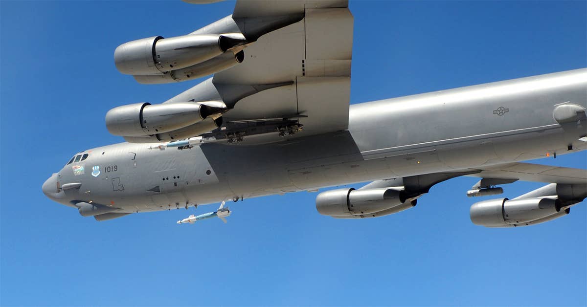 A B-52 Stratofortress from the 2nd Bomb Wing drops a Paveway II Plus LGB GBU-12 (500 pound) during a training mission at Hill Air Force Base in Utah. File photo courtesy USAF.
