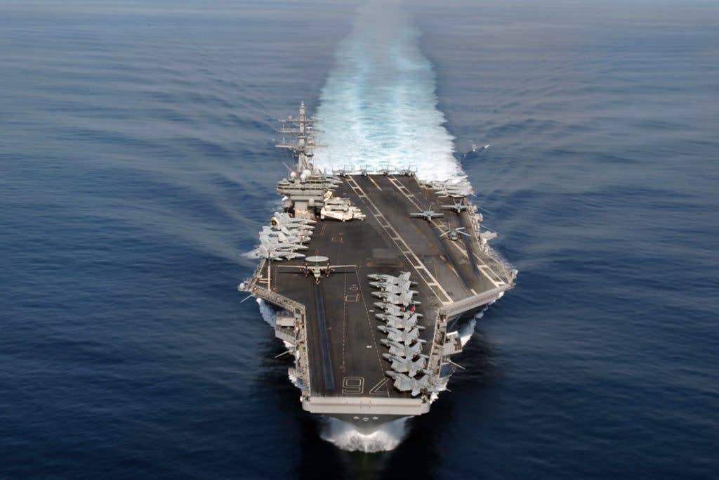 The Nimitz-class aircraft carrier USS Ronald Reagan (CVN 76) performs a high speed run during operations in the Pacific Ocean. Reagan and embarked Carrier Air Wing Fourteen (CVW-14) are currently underway conducting Tailored Ships Training Availability (TSTA). U.S. Navy photo by Photographer Mate 1st Class James Thierry (RELEASED)