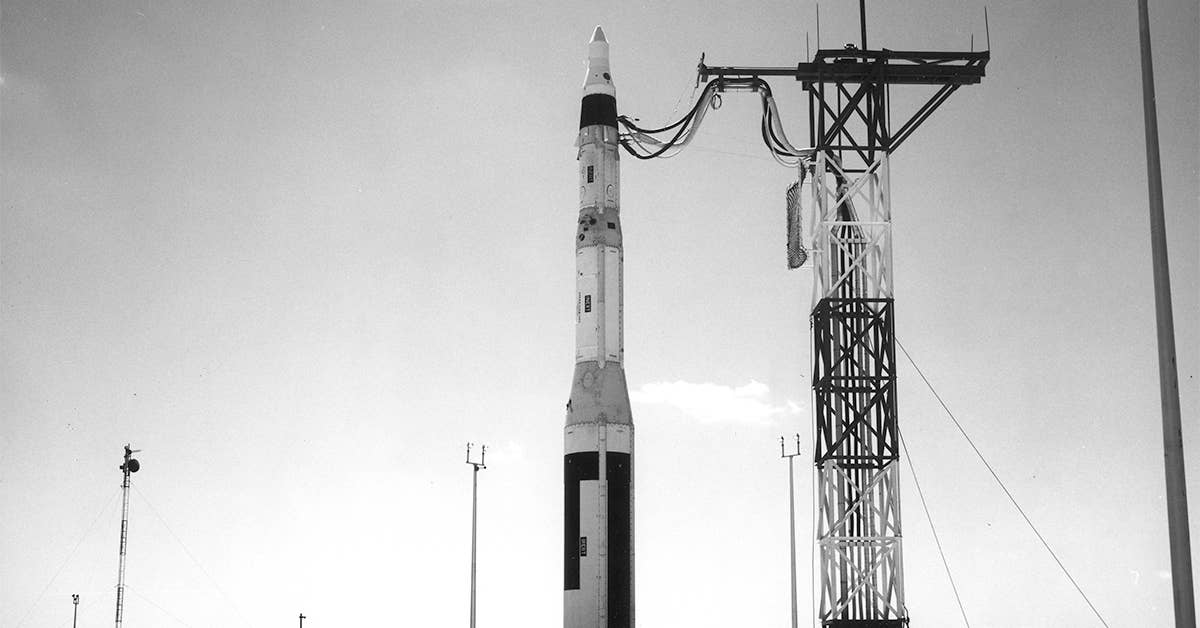 A Minuteman I missile prepared for test launch. Photo from USAF.
