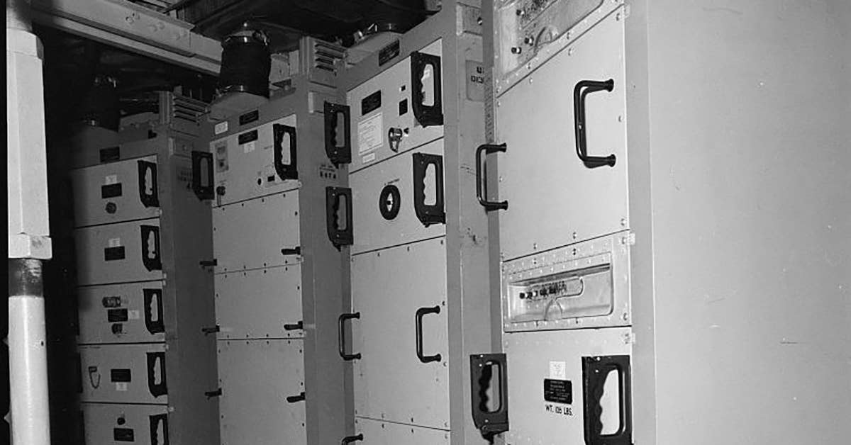 Racks of electronics in an underground equipment room in the upper part of a missile silo. Image from Library of Congress.