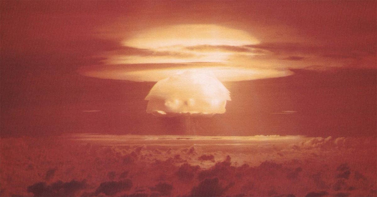 Nuclear weapon test Bravo (yield 15 Mt) on Bikini Atoll. Photo from US Department of Energy.