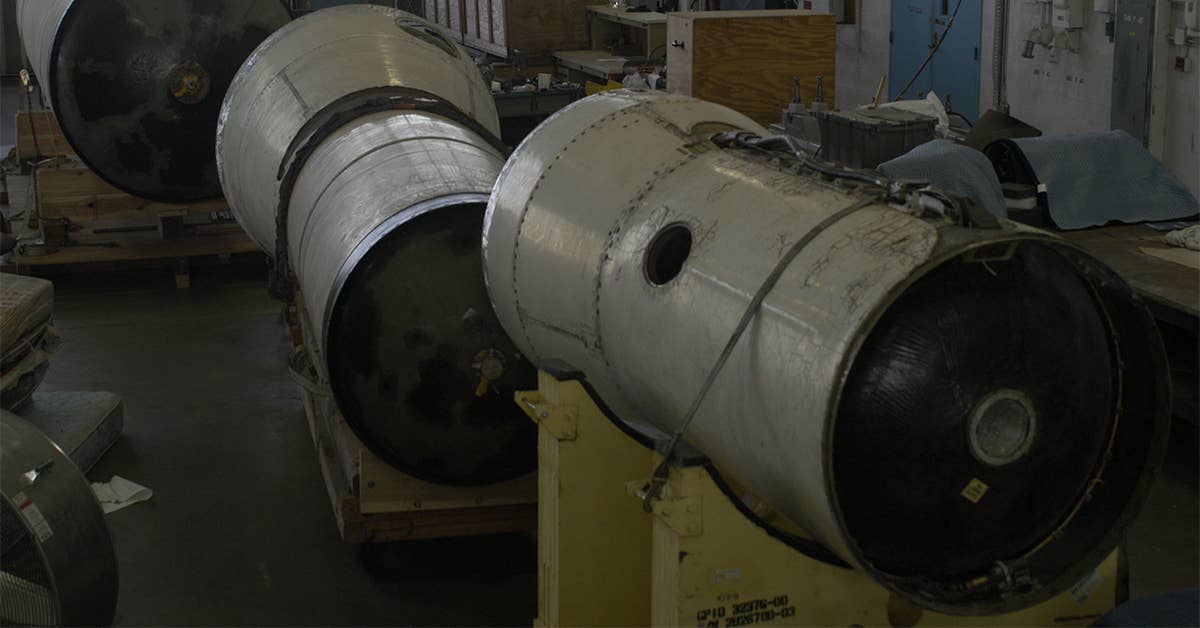 The Minuteman I missile in the Restoration Hangar at the National Museum of the USAF, broken into stages. Photo from USAF.