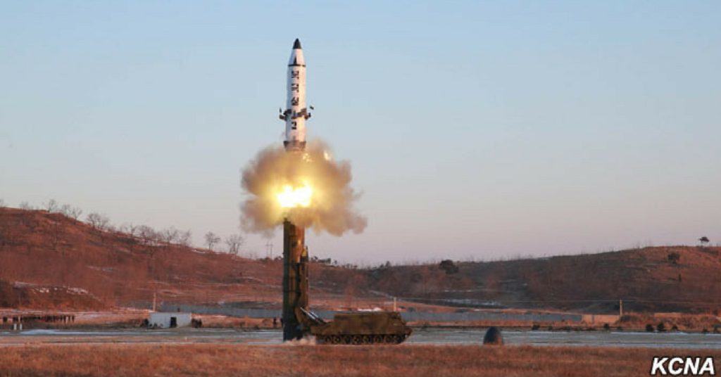 KCNA, the state run media out of North Korea, released a photo of what it claims is the launch of a surface-to-surface medium long range ballistic missile. (KCNA)