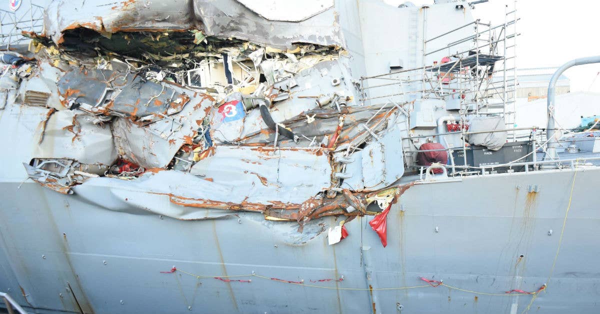 USS Fitzgerald (DDG 62) sits in Dry Dock after sustaining significant damage in the June 17 collision. Navy photo by Mass Communication Specialist 1st Class Leonard Adams.