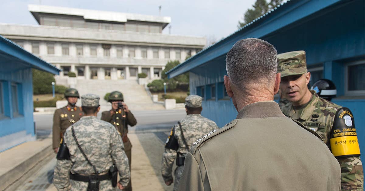 Marine Corps Gen. Joseph F. Dunford Jr., 19th Chairman of the Joint Chiefs of Staff, during his visit to the Demilitarized Zone in the Republic of Korea, Nov. 2, 2015. DOD photo by Navy Petty Officer 2nd Class Dominique A. Pineiro.