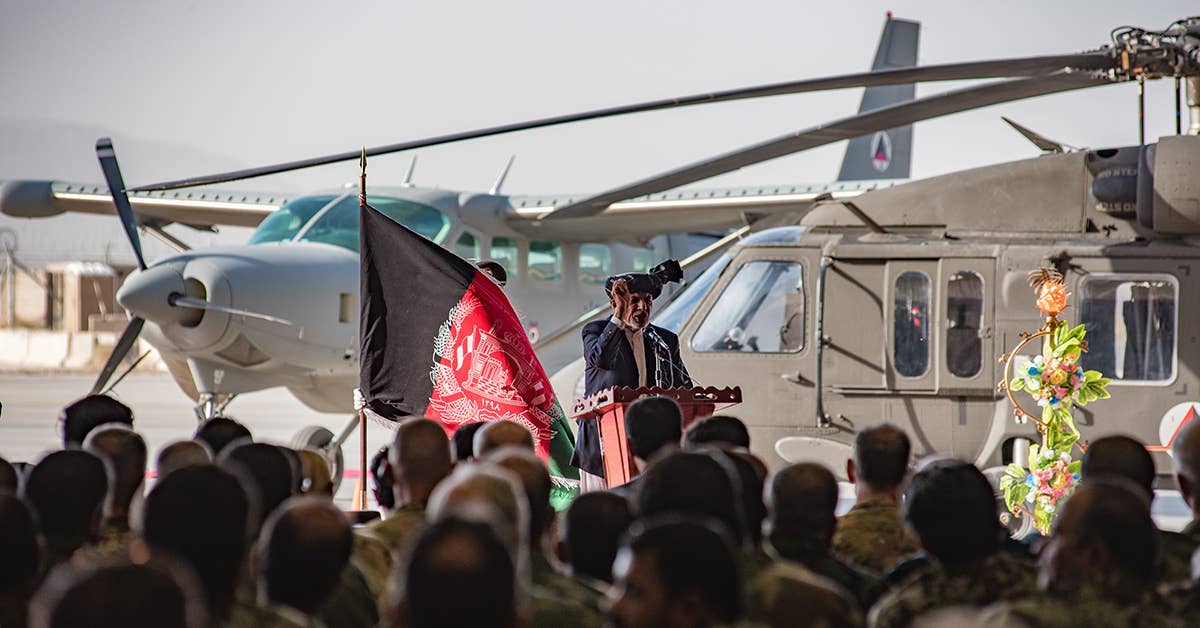 Afghan President Ashraf Ghani speaks during the official UH-60 Black Hawk arrival ceremony, Oct. 7, 2017, at Kandahar Airfield, Afghanistan. USAF photo by Staff Sgt. Alexander W. Riedel.