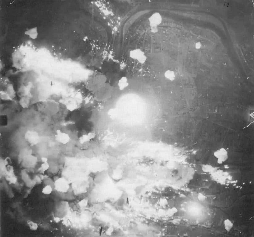 RAF Lancasters during a fire-bombing raid. (Wikimedia Commons)