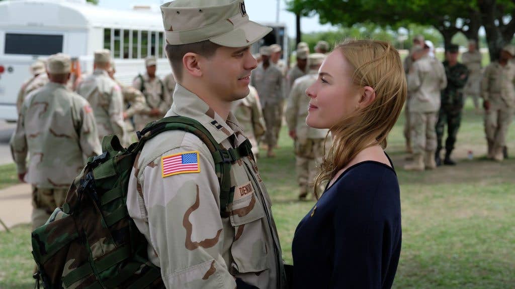 Jason Ritter portrays Capt. Troy Denomy with Kate Bosworth as Gina Denomy on the set of The Long Road Home at Fort Hood, Texas. (Photo: National Geographic/Van Redin)