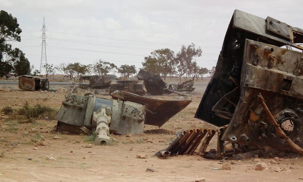 Part of a group of six Palmaria heavy howitzers of the Gaddafi forces destroyed by French Rafale airplanes at the west-southern outskirts of Benghazi, Libya.