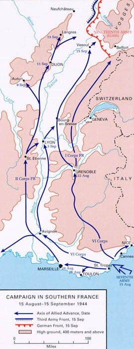 The Allied advance through Southern France. The Dragoon landings helped force the Nazis to retreat towards Germany. (U.S. government map)