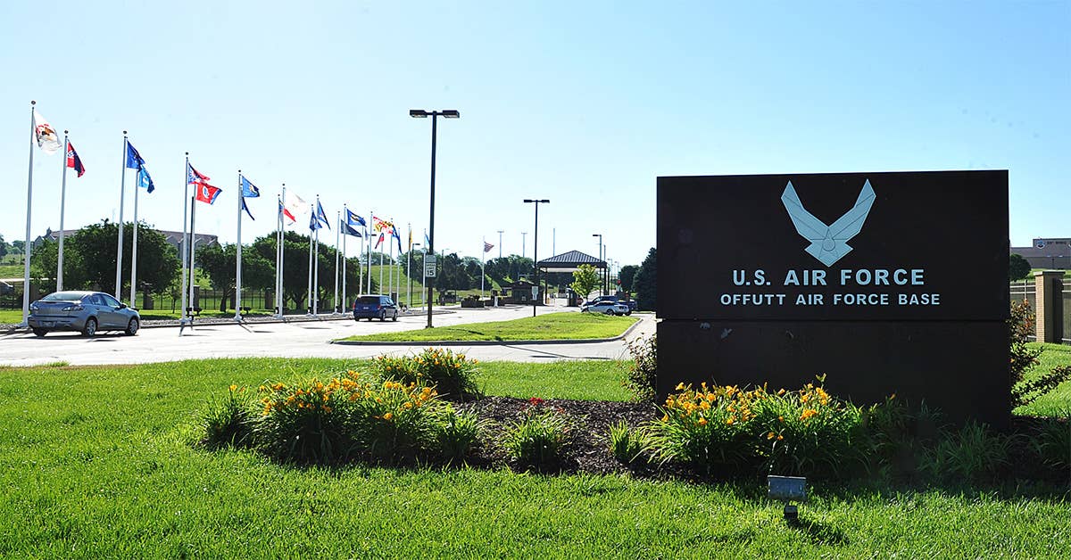 The Kenney Gate on Offutt Air Force Base, Nebraska. Officials say the base is making use of cutting edge anti-drone technology. USAF photo by Charles Haymond.