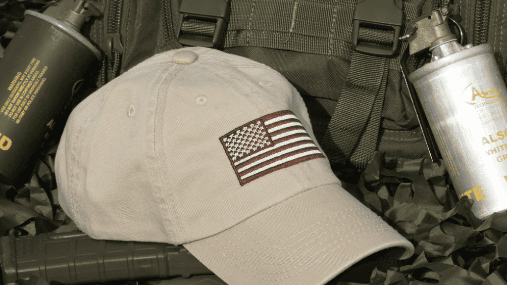 An american flag ball cap commonly worn by veterans