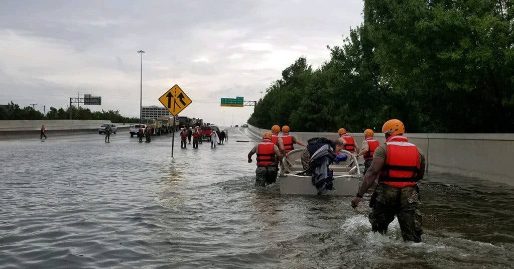 US Soldiers with the Texas Army National Guard arrive in Houston Aug. 27, 2017, to aid citizens in heavily flooded areas from the storms of Hurricane Harvey. (US Army National Guard photo by 1st Lt. Zachary West.)