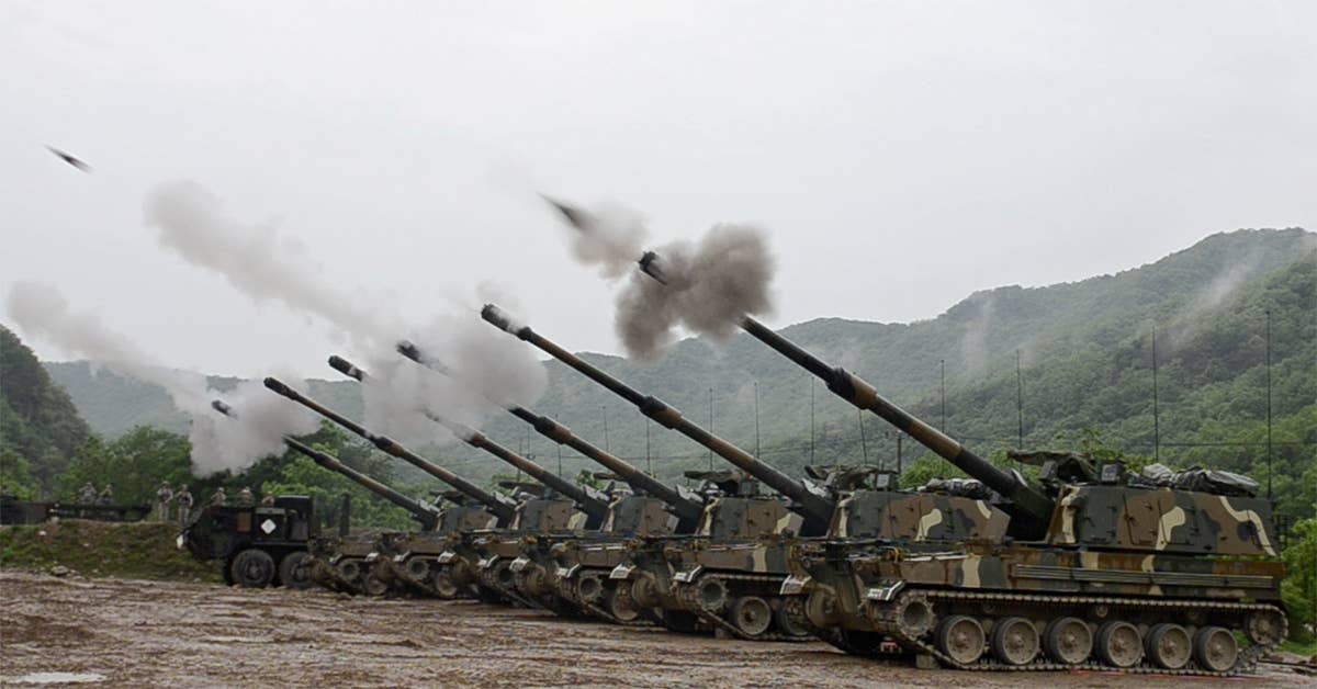South Korean Soldiers in the 631st Field Artillery Battalion, 26th Mechanized Infantry Division Artillery, coordinate fires from a battery of six K9 Thunder 155 mm self-propelled howitzers. North and South Korea have a huge amount of artillery pointed at one another, waiting to inflict massive, mutual harm.