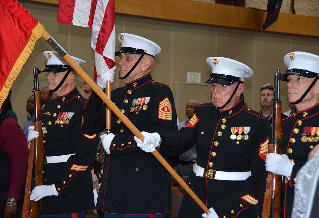 These Marine Veteran Color Guardsmen post and retire the colors during Defense Logistics Agency Aviation's celebration of the Birthday of the U.S. Marine Corps.