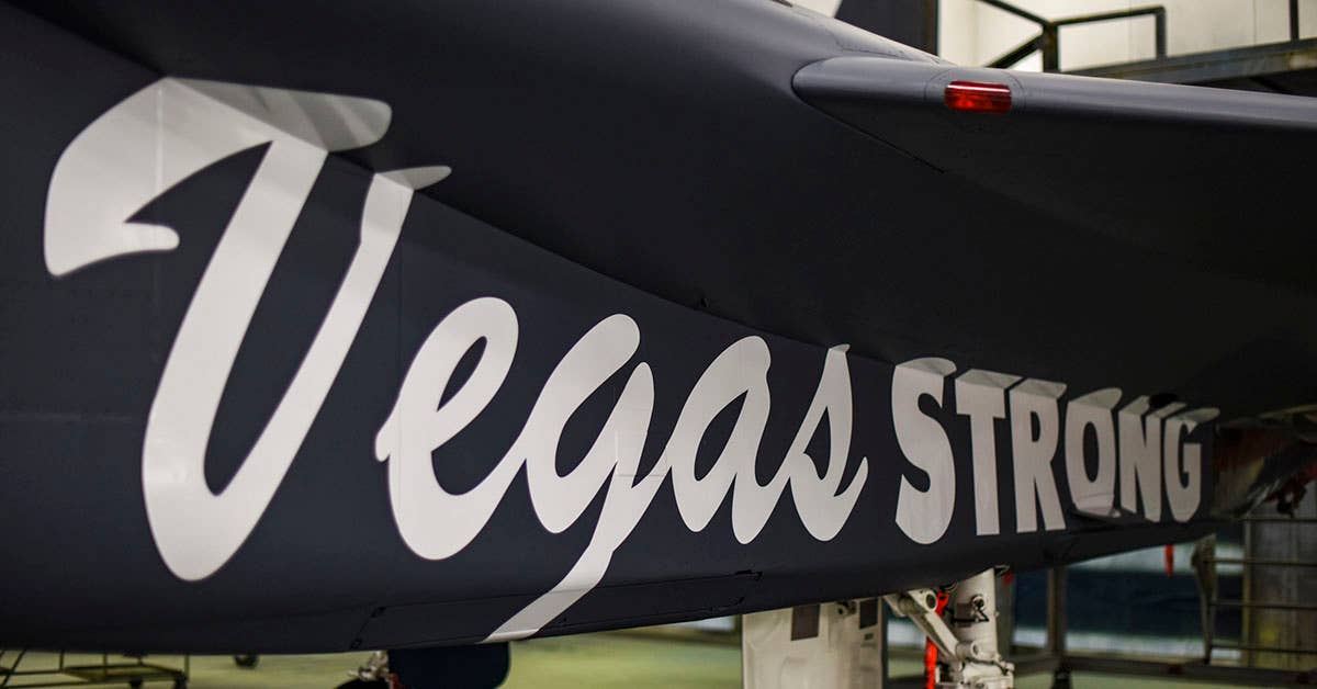 An F-15C Eagle bears the term Vegas Strong at Nellis Air Force Base, Nevada, Nov. 1, 2017. The aircraft was repainted to promote the unity between the Las Vegas community and Nellis AFB. (U.S. Air Force photo by Airman 1st Class Andrew D. Sarver)