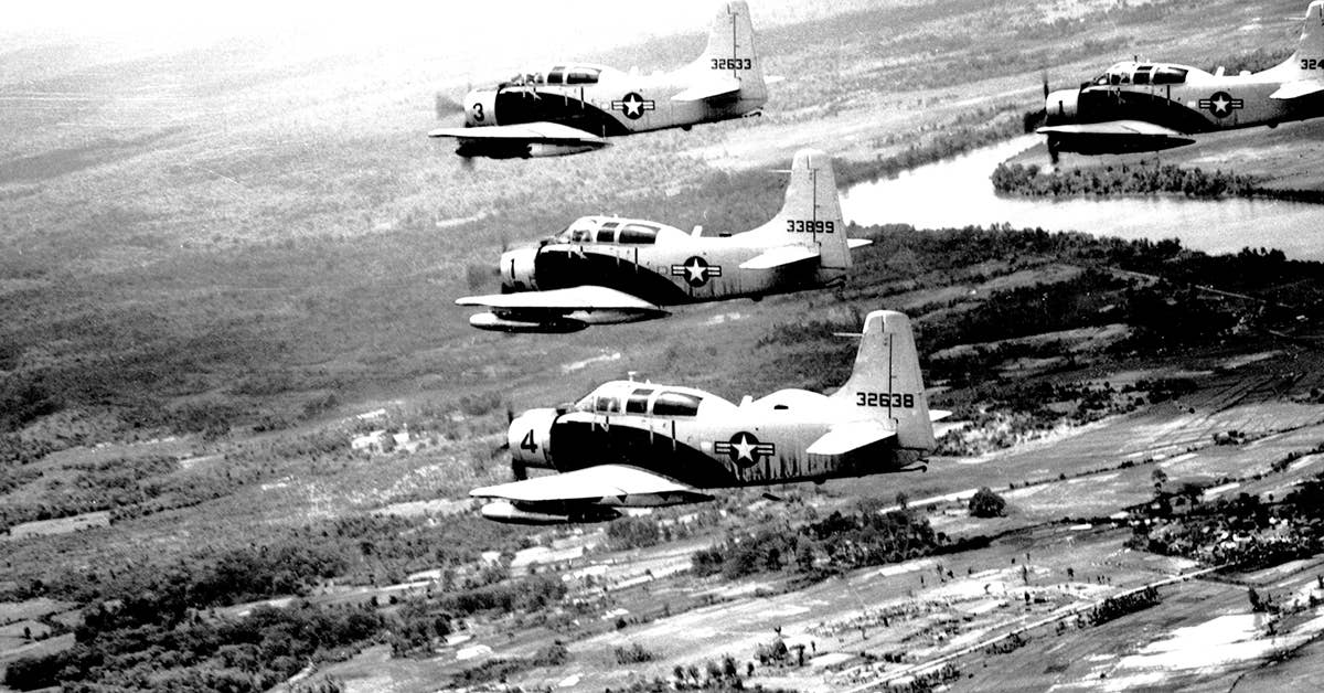 A-1E Skyraider aircraft of the 34th Tactical Group, based at Bien Hoa, South Vietnam, fly in formation over South Vietnam June 25, 1965. In the 1960s, the USAF requested proposals from aviation contractors for a subsonic jet-powered aircraft designed exclusively for the a ground attack and close air support role which would replace the A-1 which served with the USAF during wars in Korea and Vietnam. The result was the Fairchild Republic A-10. (U.S. Air Force photo)