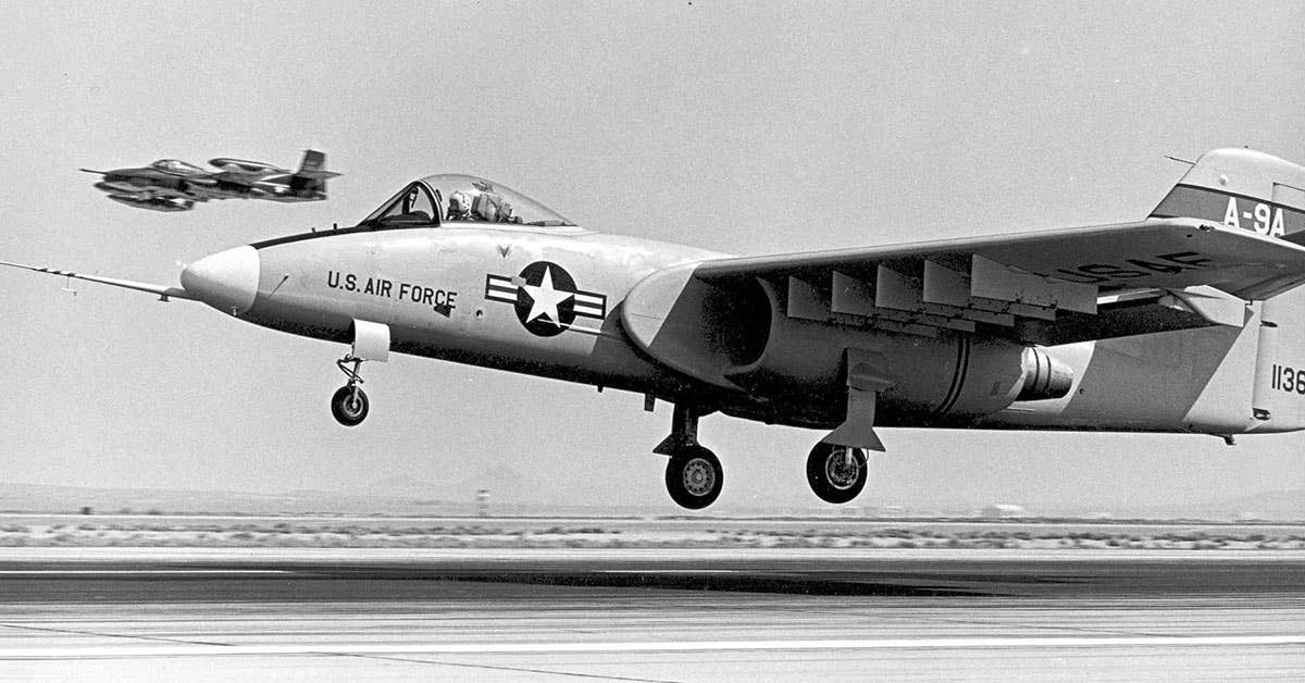 A Northrop A-9A before touchdown on its first flight. The aircraft was one of two prototypes built to the requirements of the U.S. Air Force's Attack-Experimental Program. Ultimately, the Fairchild Republic design for a dedicated ground attack aircraft, the YF-10, would be chosen by the Air Force over the Northrop design, leading to the production of the A-10. (U.S. Air Force photo)