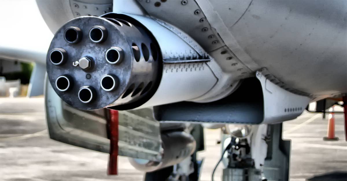 The business end of the 30mm GAU-8 Avenger rotary cannon extends from the nose of an A-10. The cannon, which can fire 3,900 depleted uranium shells per minute, was the anti-armor weapon around which the A-10 platform was designed. (U.S. Air Force photo)
