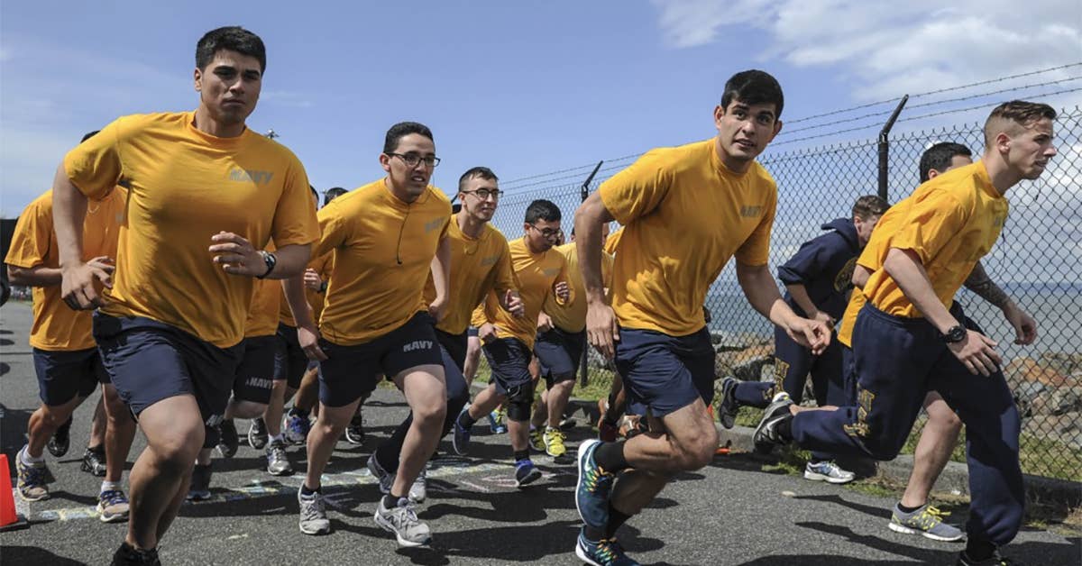 Sailors assigned to the aircraft carrier USS Nimitz (CVN 68) participate in the run portion of the physical readiness test. Nimitz is pierside at its homeport of Naval Station Everett. (U.S. Navy photo by Mass Communication Specialist Seaman Eli K. Buguey)