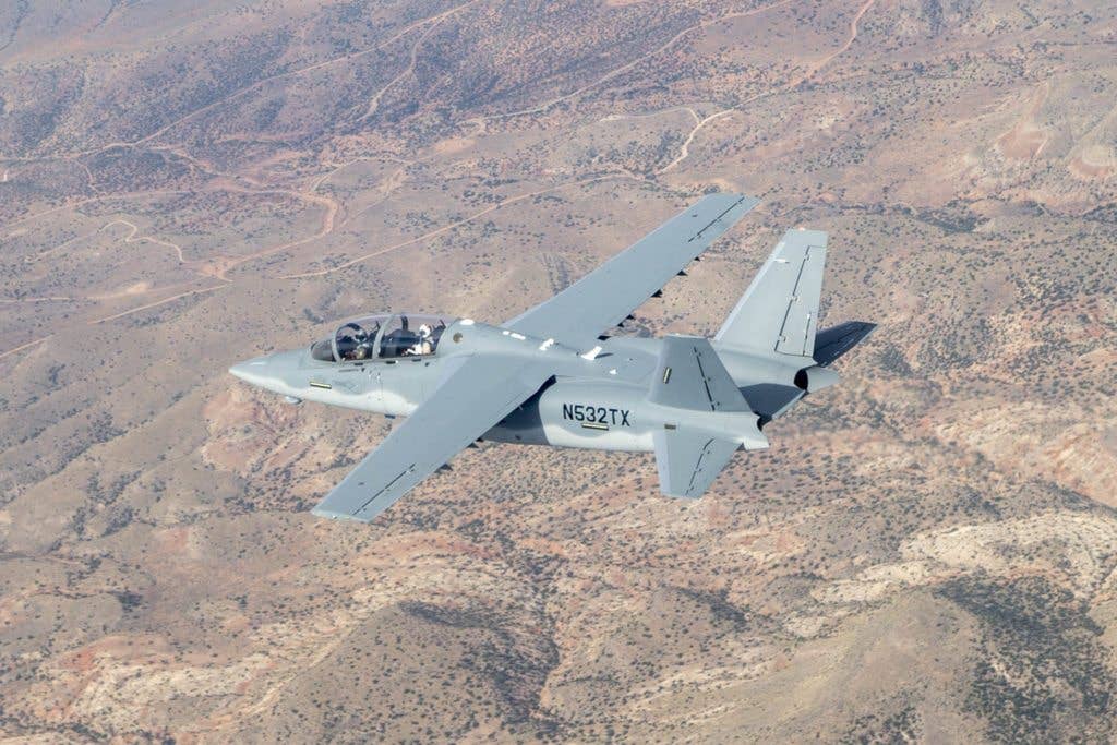 The Textron Scorpion experimental aircraft conducts handling and flying quality maneuvers above White Sands Missile Range. Scorpion is participating in the U.S. Air Force Light Attack Experiment (OA-X), a series of trials to determine the feasibility of using light aircraft in attack roles. (U.S. Air Force Photo by Christopher Okula)