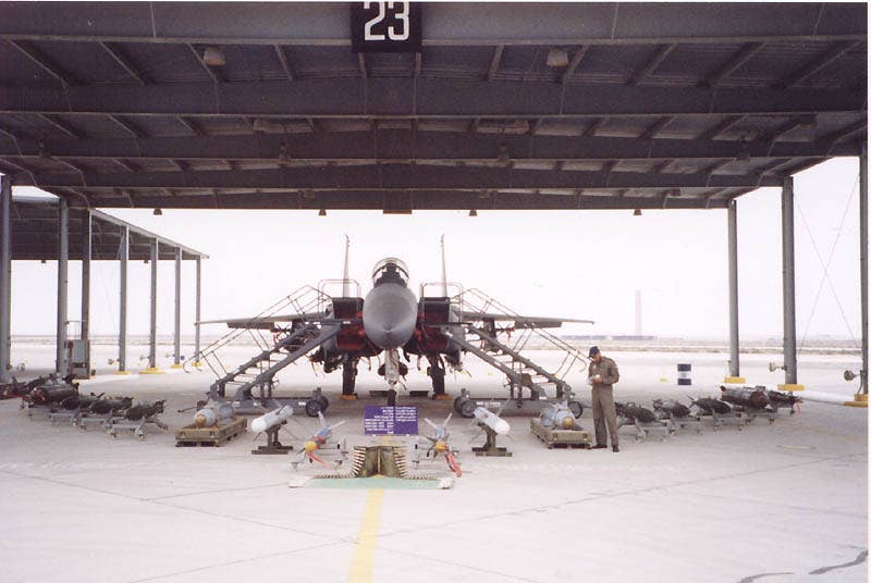 A Royal Saudi Air Force F-15S in its hangar. (Photo from Wikimedia Commons, uploaded by Eagleamn)