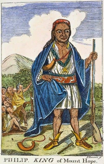 Metacomet (also known as King Philip of Wampanoag) works with neighboring Wampanoags, Narragansetts, Nipmucks, Mohegans, and Podunks and leads a military action against the English. They respond violently, capturing and assassinating him. King Philip's War begins. (Image National Library of Medicine)