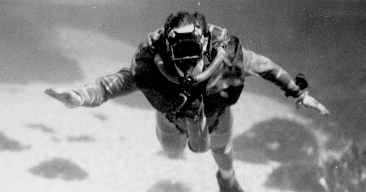 A diver, equipped with a Lambertson Rebreathing Unit (LARU). (Image courtesy of CIA)