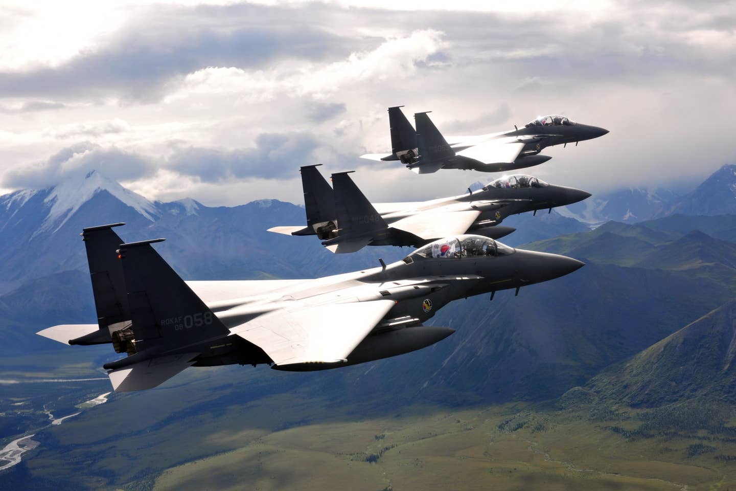 Three F-15K Slam Eagles from the South Korean Air Force participate in 'Red Flag Alaska.' (Photo from Wikimedia Commons)