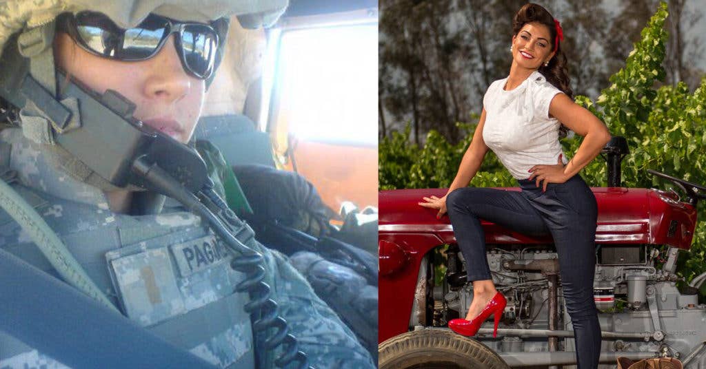 2nd Lt. Paganetti (left) and Pin-Up Paganetti (right) in the 2018 Pin-Ups for Vets Calendar.