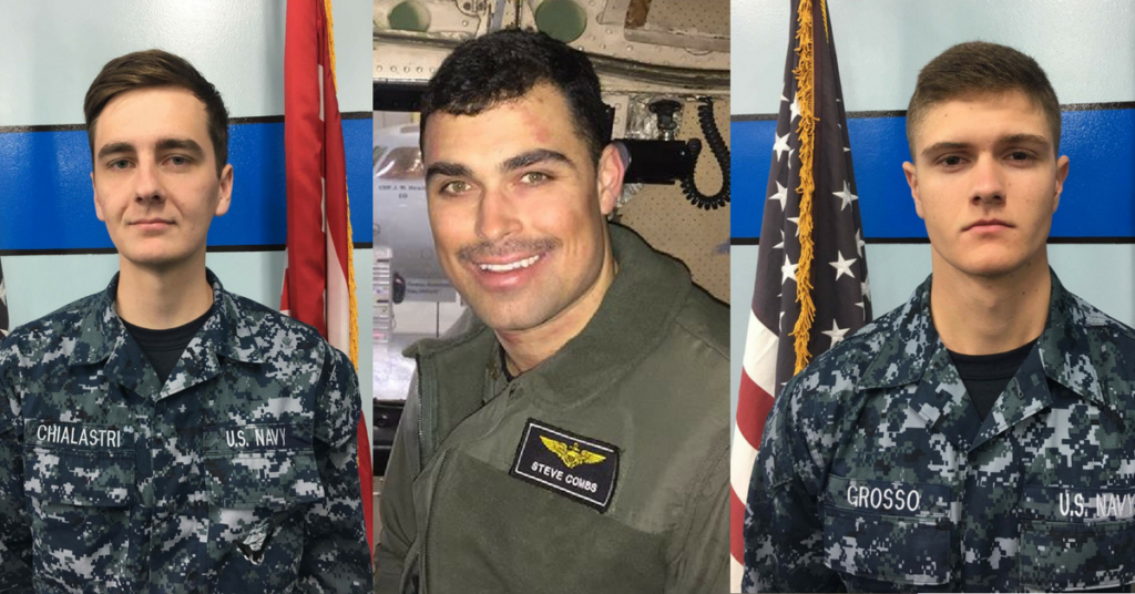 Matthew Chialastri, Steven Combs, and Bryan Grosso (l to r) were killed in the C-2 Greyhound crash on November November 22nd. (Image from U.S. Navy)
