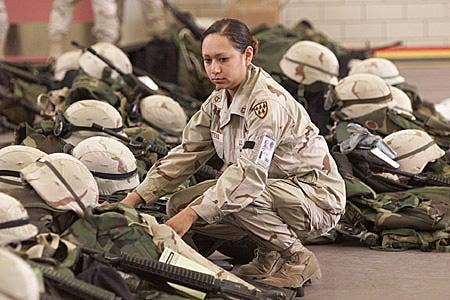 Pfc. Lori Piestewa waiting for deployment at Fort Bliss, Tex., on Feb. 16, 2003. (U.S. Army photo)